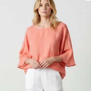 Yuvita 100% Linen Ruffled 3/4 Sleeve Flowy Boho Peach Coral Scoop Neck Blouse XS